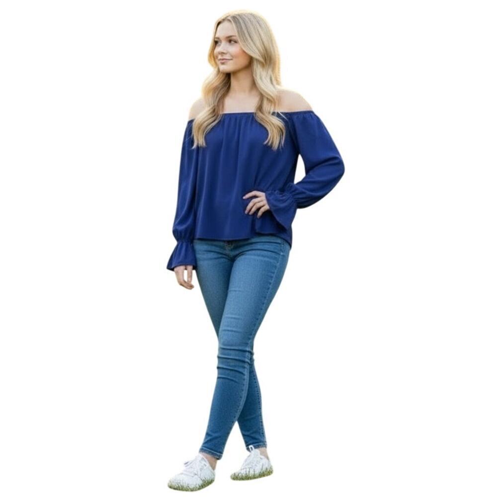 Susana Monaco Blue Off Shoulder Blouse Top Womens Small Long Sleeve Stretch